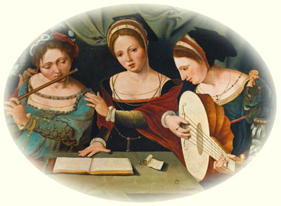 Meister der weiblichen Halbfiguren, Drei Frauen und ein Narr beim Musizieren, Detail, o.J., Privatbesitz